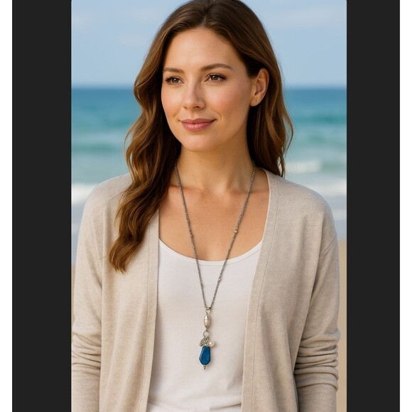 J. Jill Charm Necklace Lapis Stone Shell Pearl Beaded Silver Tone Adjustable NWT - Picture 1 of 9